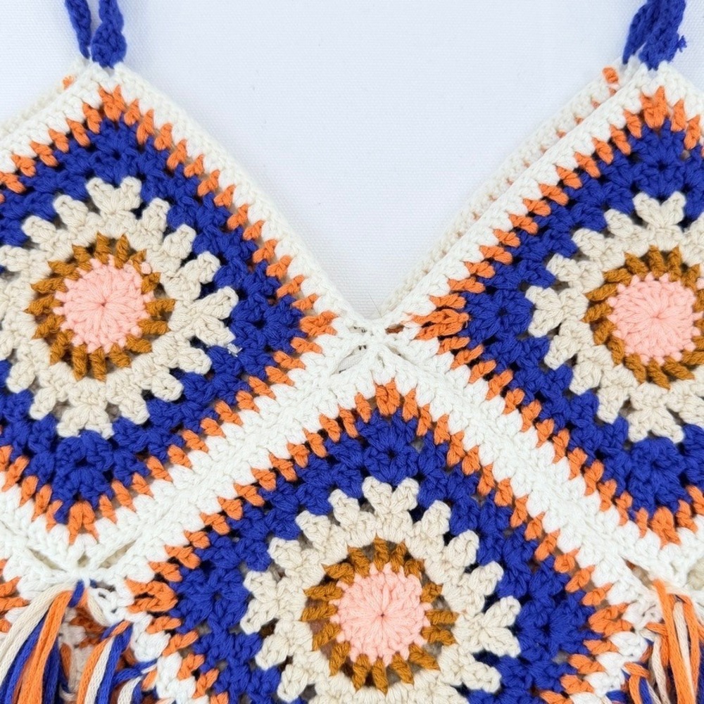 En Creme Crochet Fringe Tank Top Boho Festival Granny Square S/M - Picture 3 of 13